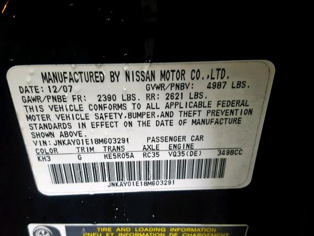 JNKAY01E18M603291 - 2008 INFINITI M35 BASE BLACK photo 10