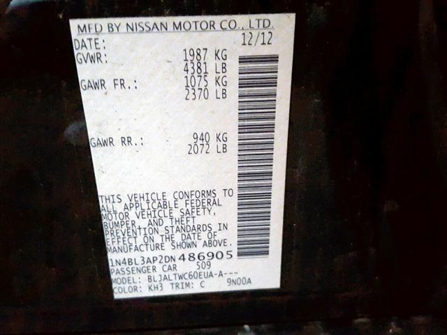 1N4BL3AP2DN486905 - 2013 NISSAN ALTIMA 3.5 BLACK photo 10