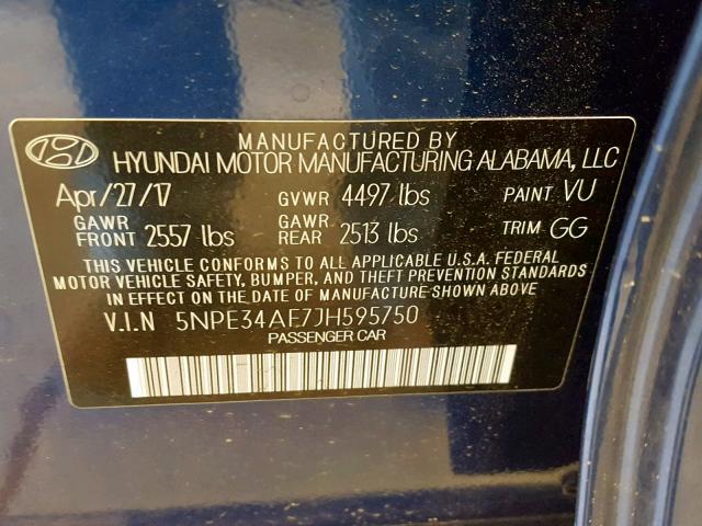 5NPE34AF7JH595750 - 2018 HYUNDAI SONATA SPO BLUE photo 10