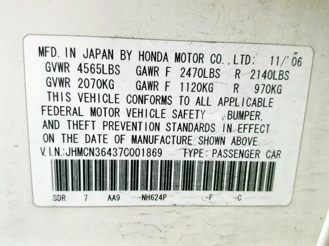 JHMCN36437C001869 - 2007 HONDA ACCORD HYB WHITE photo 10