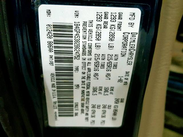 1B4GP45382B624752 - 2002 DODGE CARAVAN SP BLUE photo 10