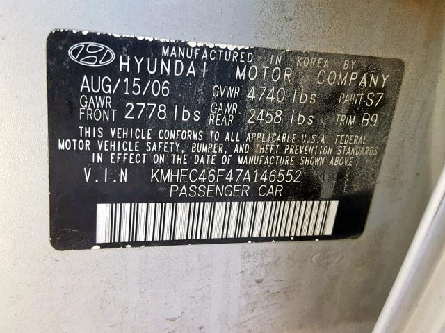 KMHFC46F47A146552 - 2007 HYUNDAI AZERA SE SILVER photo 10