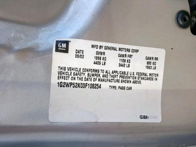 1G2WP52K03F108254 - 2003 PONTIAC GRAND PRIX SILVER photo 10