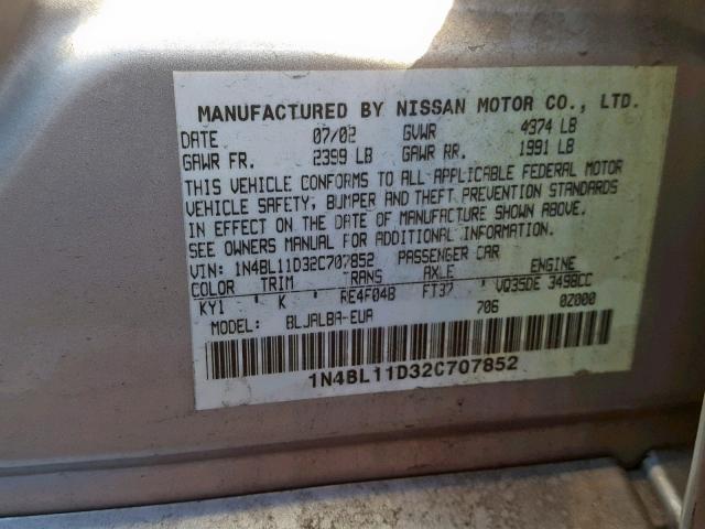 1N4BL11D32C707852 - 2002 NISSAN ALTIMA SE SILVER photo 10