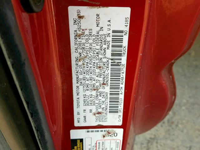 5TETU62N66Z175049 - 2006 TOYOTA TACOMA PRE RED photo 10