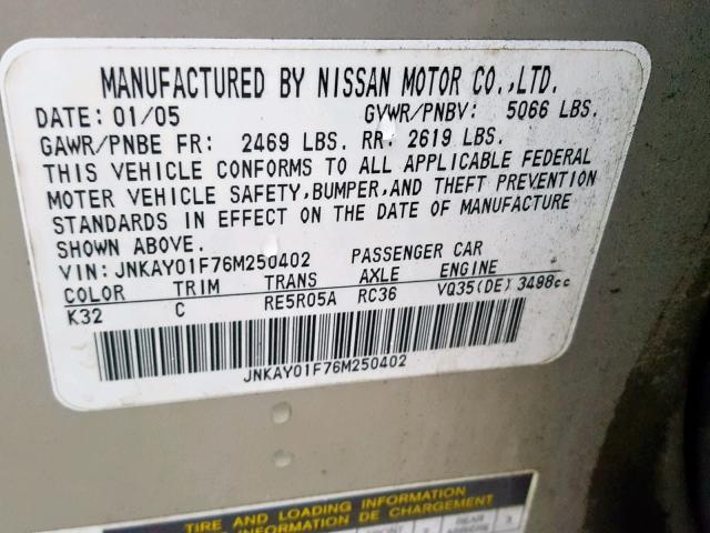 JNKAY01F76M250402 - 2006 INFINITI M35 BASE TAN photo 10