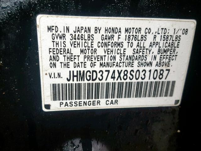 JHMGD374X8S031087 - 2008 HONDA FIT BLACK photo 10