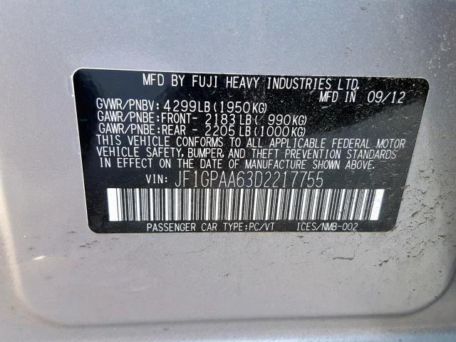 JF1GPAA63D2217755 - 2013 SUBARU IMPREZA BA SILVER photo 10