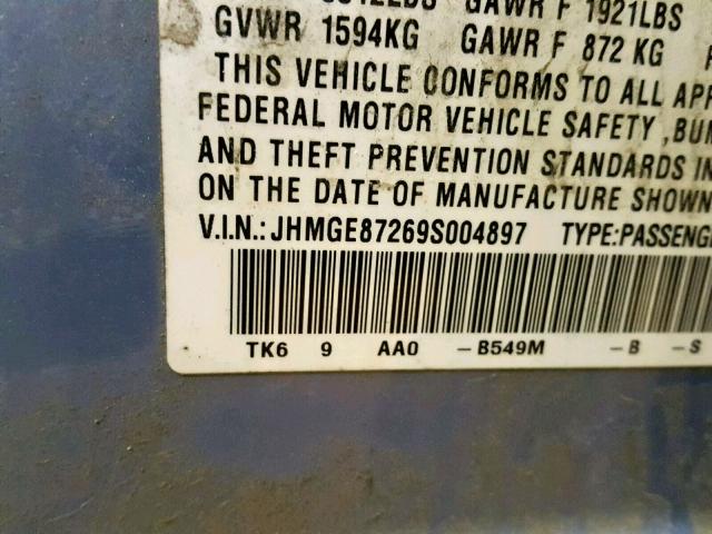 JHMGE87269S004897 - 2009 HONDA FIT BLUE photo 10