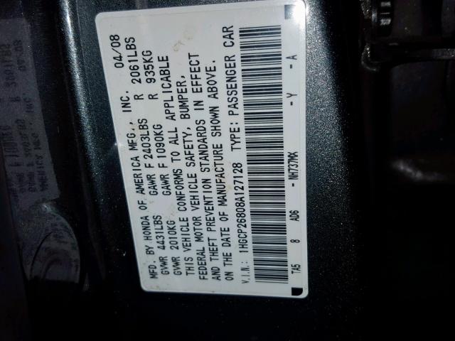 1HGCP26808A127128 - 2008 HONDA ACCORD EXL GRAY photo 10