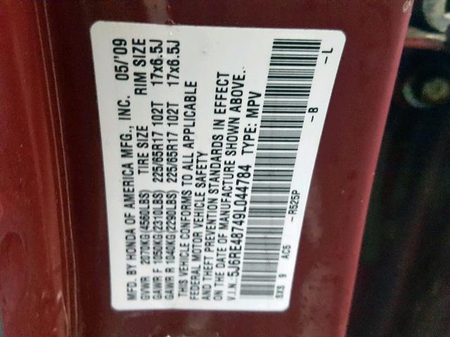 5J6RE48749L044784 - 2009 HONDA CR-V EXL RED photo 10