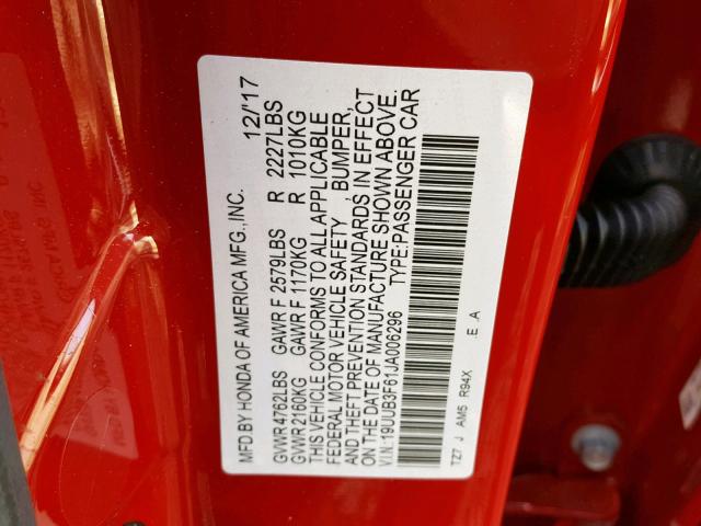 19UUB3F61JA006296 - 2018 ACURA TLX TECH+A წითელი ფოტო 10