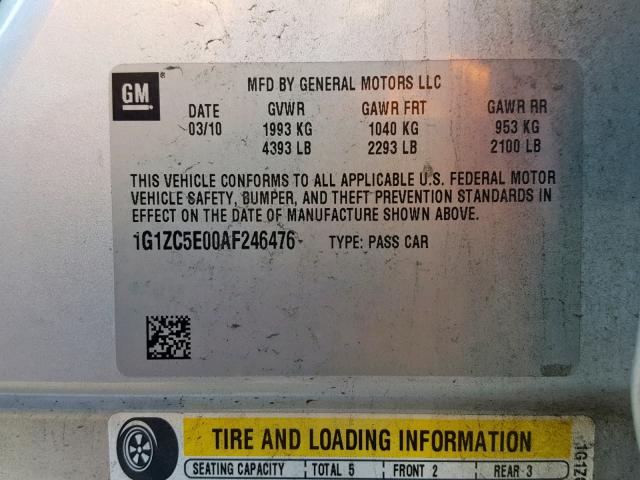 1G1ZC5E00AF246476 - 2010 CHEVROLET MALIBU 1LT 灰色 照片 10