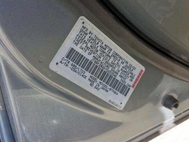 JT8BF28GXY0263546 - 2000 LEXUS ES 300 GRAY photo 10