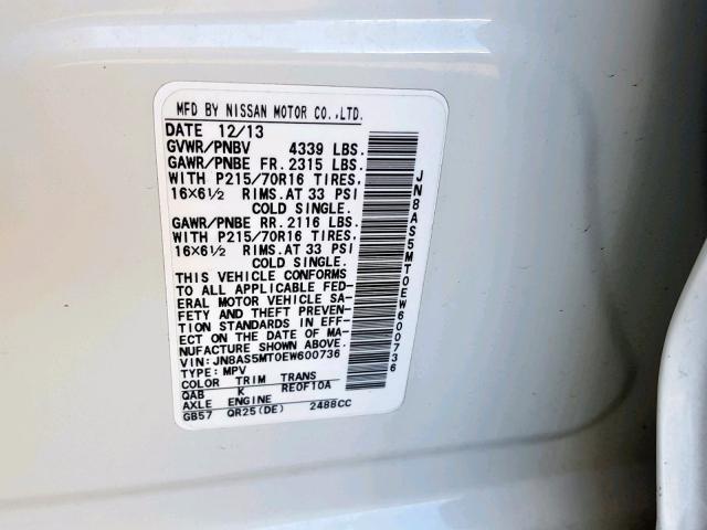 JN8AS5MT0EW600736 - 2014 NISSAN ROGUE SELE WHITE photo 10