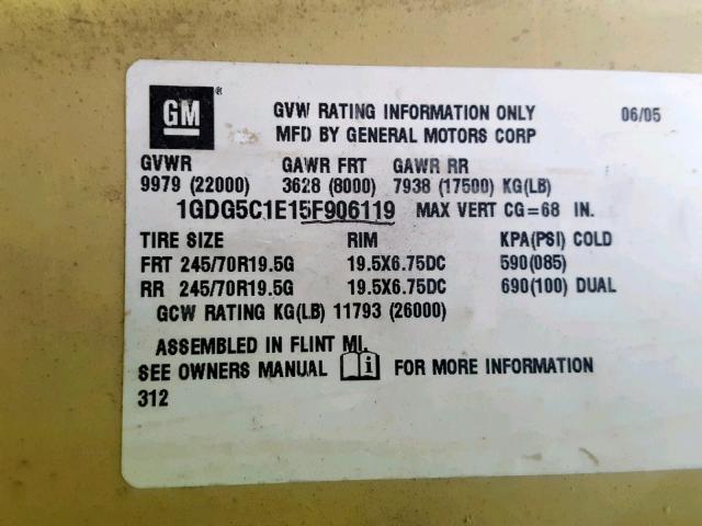 1GDG5C1E15F906119 - 2005 GMC C5500 C5C0 YELLOW photo 10