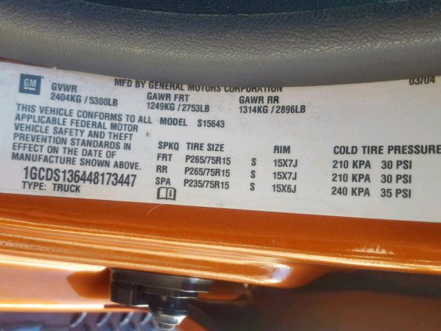 1GCDS136448173447 - 2004 CHEVROLET COLORADO ORANGE photo 10