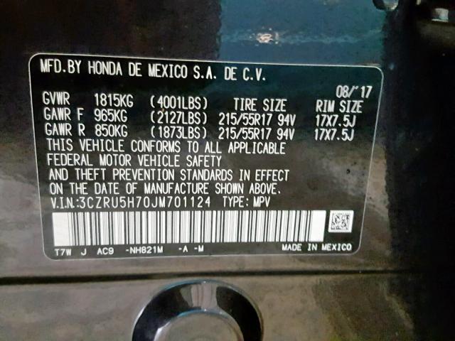 3CZRU5H70JM701124 - 2018 HONDA HR-V EXL CHARCOAL photo 10