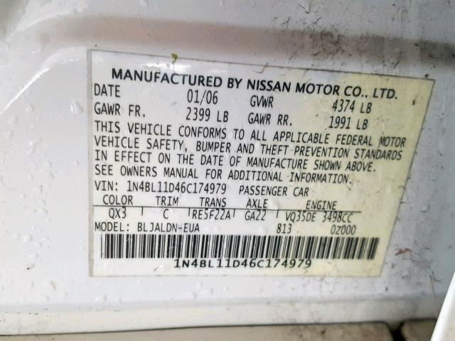 1N4BL11D46C174979 - 2006 NISSAN ALTIMA SE WHITE photo 10