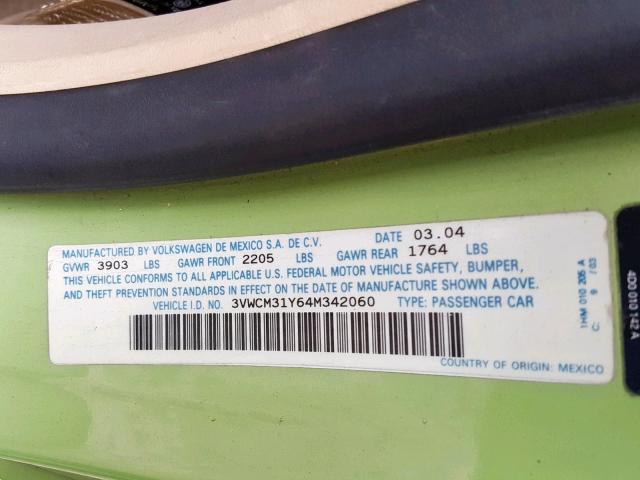 3VWCM31Y64M342060 - 2004 VOLKSWAGEN NEW BEETLE მწვანე ფოტო 10