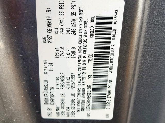 1D7HW58N95S131587 - 2005 DODGE DAKOTA QUA GRAY photo 10