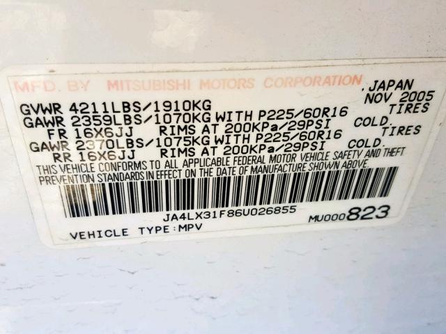 JA4LX31F86U026855 - 2006 MITSUBISHI OUTLANDER WHITE photo 10