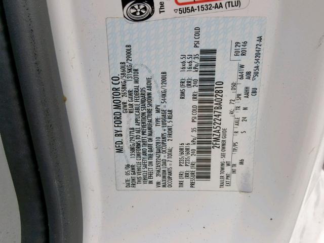 2FMZA52247BA02810 - 2007 FORD FREESTAR S WHITE photo 10