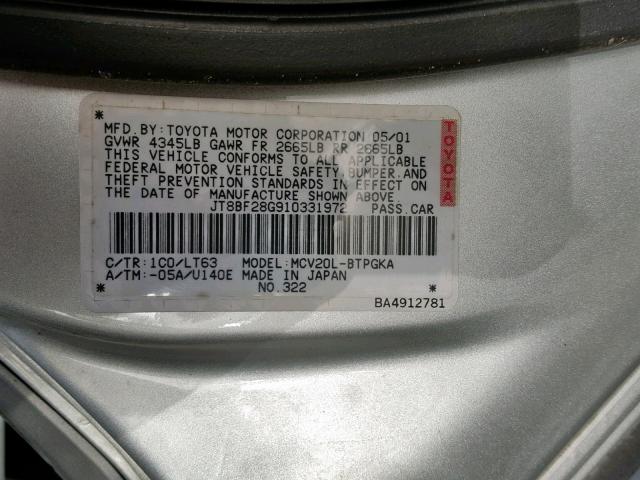 JT8BF28G910331972 - 2001 LEXUS ES 300 SILVER photo 10