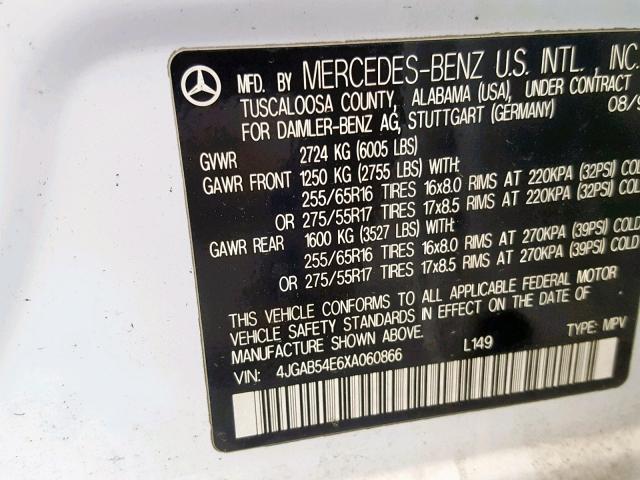 4JGAB54E6XA060866 - 1999 MERCEDES-BENZ ML 320 WHITE photo 10