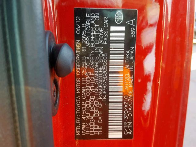 JTKJF5C75D3050608 - 2013 TOYOTA SCION TC წითელი ფოტო 10