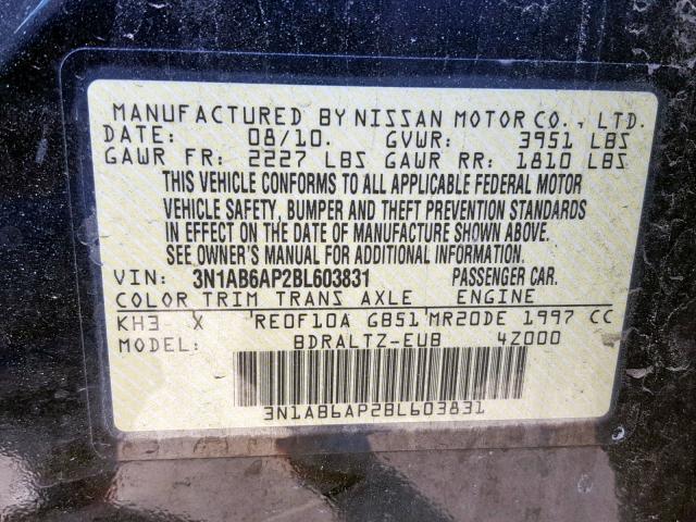 3N1AB6AP2BL603831 - 2011 NISSAN SENTRA 2.0 BLACK photo 10