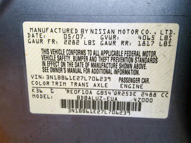 3N1BB61E27L706239 - 2007 NISSAN SENTRA SE- GRAY photo 10