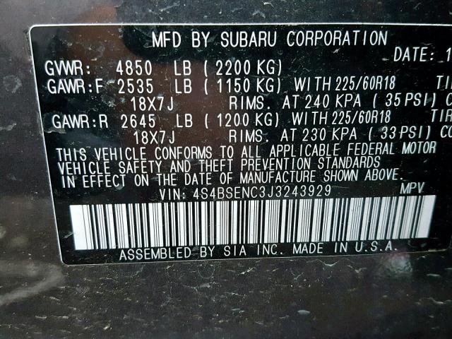 4S4BSENC3J3243929 - 2018 SUBARU OUTBACK 3. GRAY photo 10