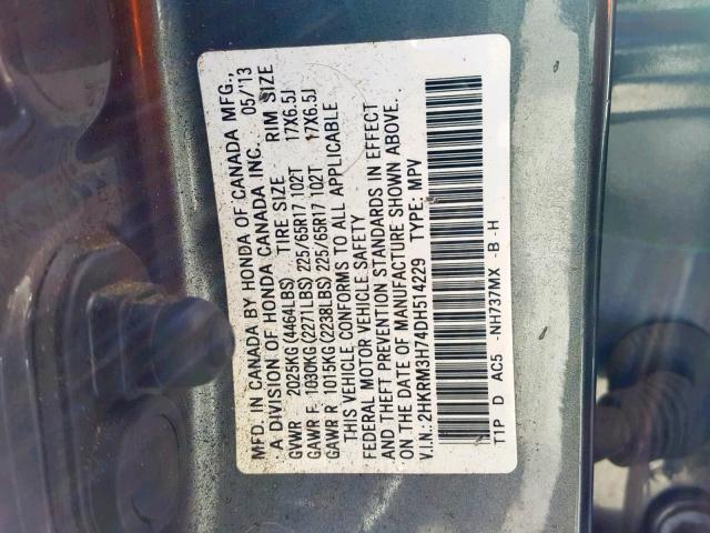 2HKRM3H74DH514229 - 2013 HONDA CR-V EXL GRAY photo 10