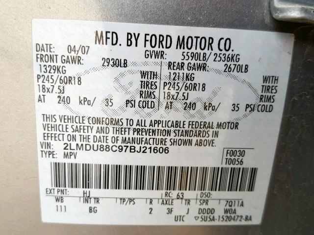 2LMDU88C97BJ21606 - 2007 LINCOLN MKX SILVER photo 10