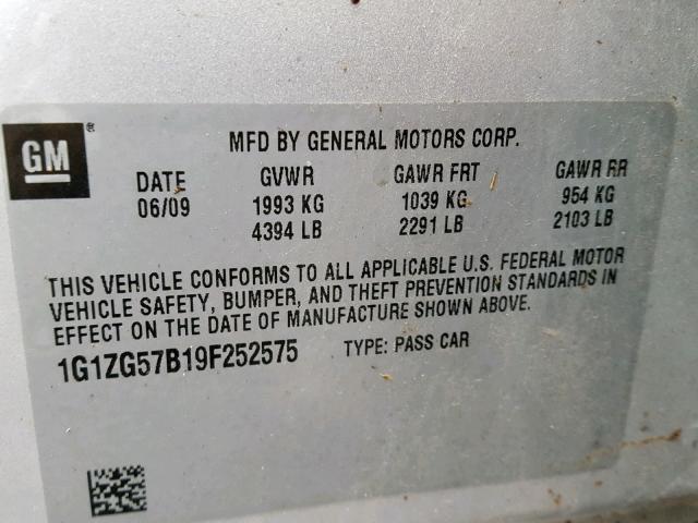 1G1ZG57B19F252575 - 2009 CHEVROLET MALIBU LS ვერცხლისფერი ფოტო 10