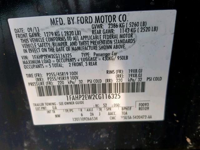 1FAHP2EW2CG116325 - 2012 FORD TAURUS SEL BLACK photo 10