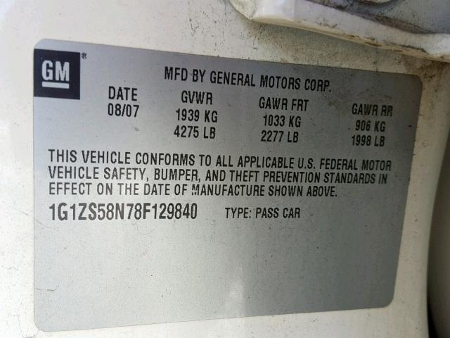 1G1ZS58N78F129840 - 2008 CHEVROLET MALIBU LS Ağ foto 10