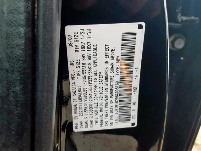 5J8TB18298A005160 - 2008 ACURA RDX BLACK photo 10