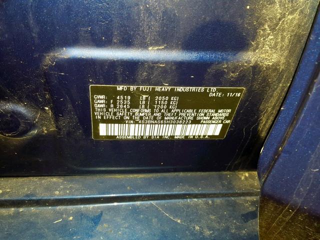 4S3BNAS65H3038223 - 2017 SUBARU LEGACY SPO BLUE photo 10