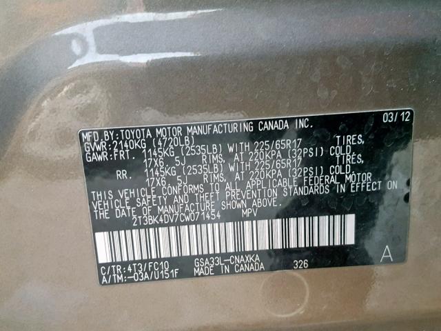 2T3BK4DV7CW071454 - 2012 TOYOTA RAV4 GRAY photo 10