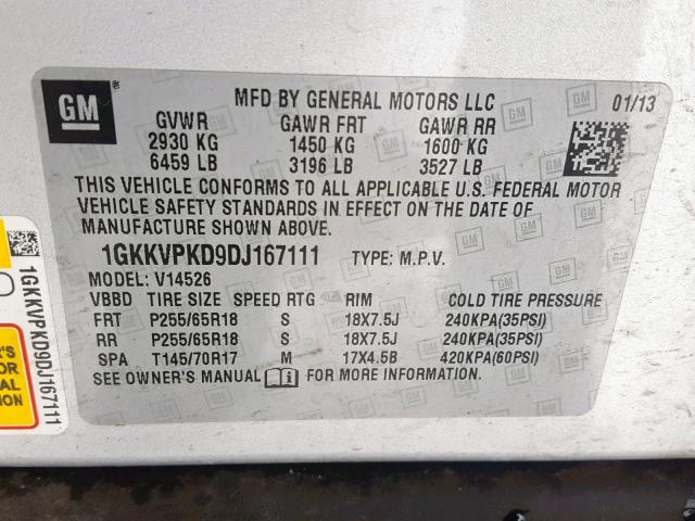 1GKKVPKD9DJ167111 - 2013 GMC ACADIA SLE SILVER photo 10