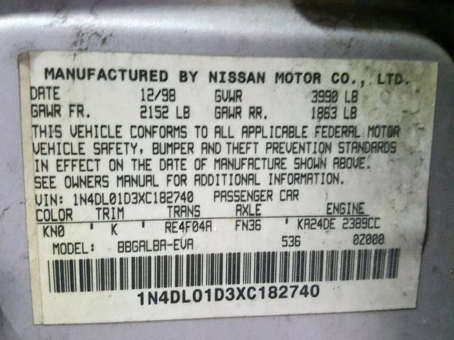 1N4DL01D3XC182740 - 1999 NISSAN ALTIMA XE SILVER photo 10