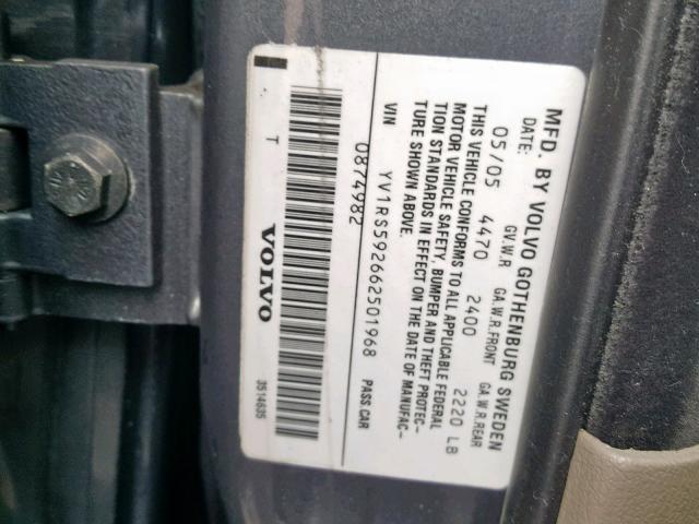 YV1RS592662501968 - 2006 VOLVO S60 2.5T GRAY photo 10