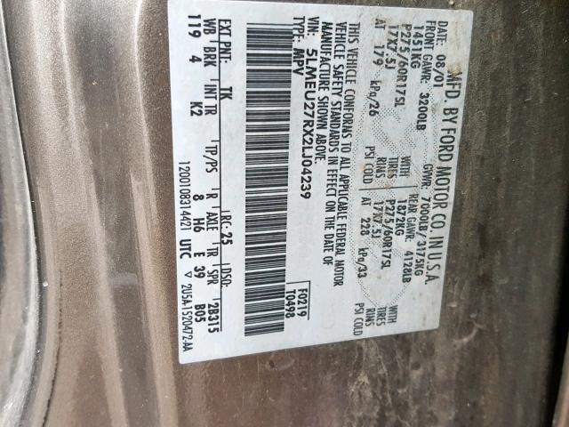 5LMEU27RX2LJ04239 - 2002 LINCOLN NAVIGATOR 金色 照片 10