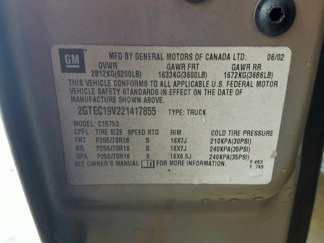 2GTEC19V221417855 - 2002 GMC NEW SIERRA TAN photo 10