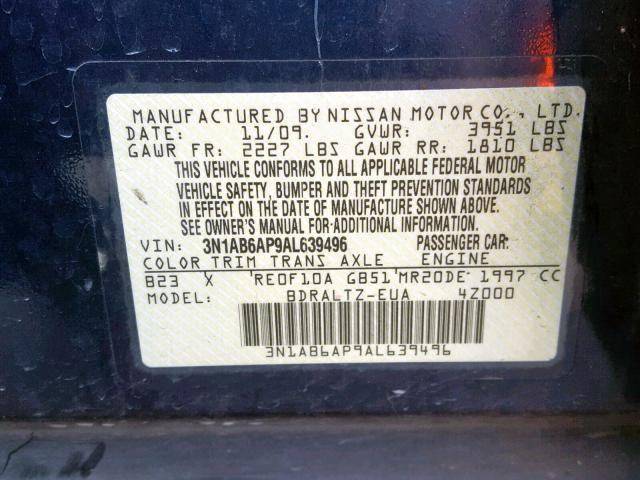 3N1AB6AP9AL639496 - 2010 NISSAN SENTRA 2.0 BLUE photo 10