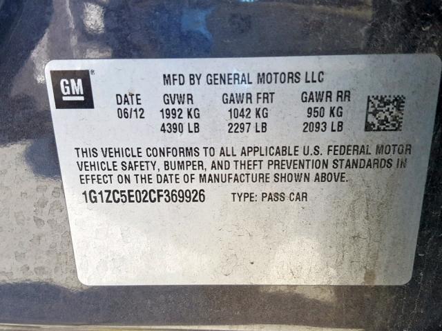 1G1ZC5E02CF369926 - 2012 CHEVROLET MALIBU 1LT 灰色 照片 10