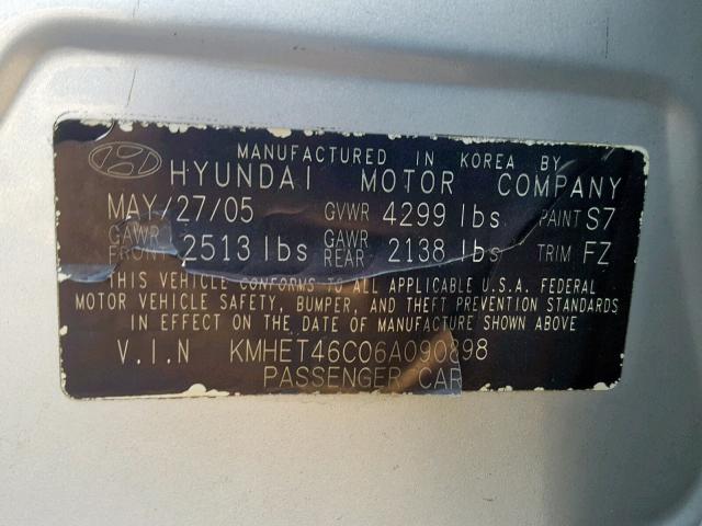 KMHET46C06A090898 - 2006 HYUNDAI SONATA GL SILVER photo 10