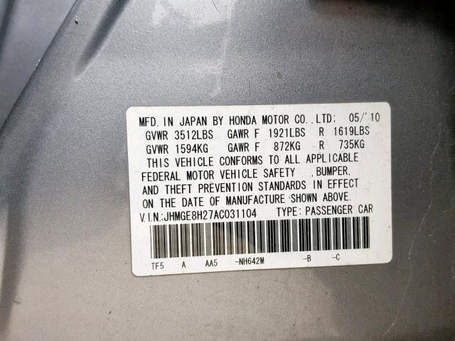 JHMGE8H27AC031104 - 2010 HONDA FIT SILVER photo 10